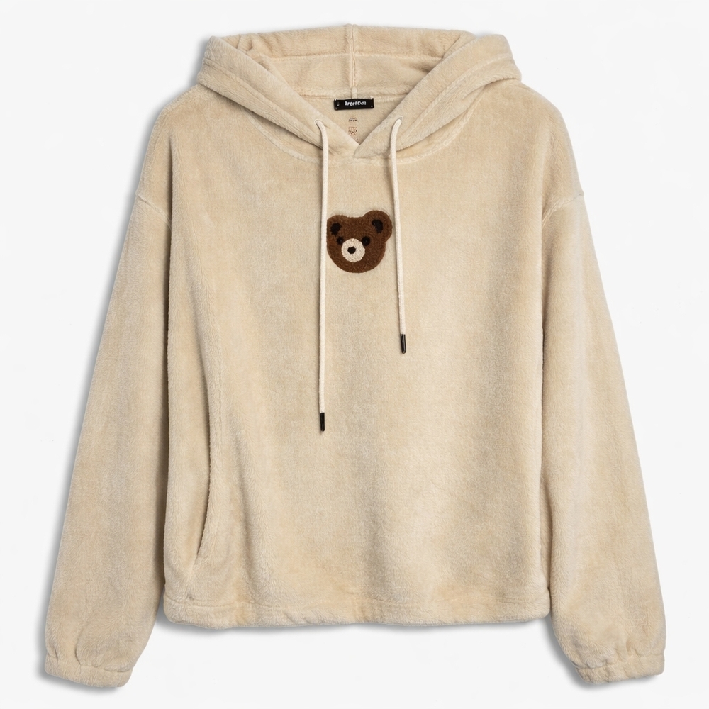 Angel Cult Teddy Bear Hoodie XL Cream Plush Fleece Cozy Pullover
